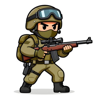 Tam teçhizatlı, savaş silahı olan güçlü bir özel kuvvet askeri. Çizgi film maskotu, illüstrasyon, temiz çizgiler, düz tasarım, modern, yüksek kalite resim.