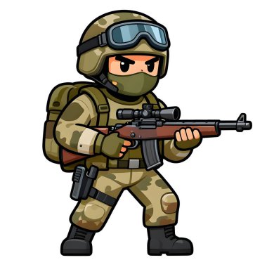 Tam teçhizatlı, savaş silahı olan güçlü bir özel kuvvet askeri. Çizgi film maskotu, illüstrasyon, temiz çizgiler, düz tasarım, modern, yüksek kalite resim.