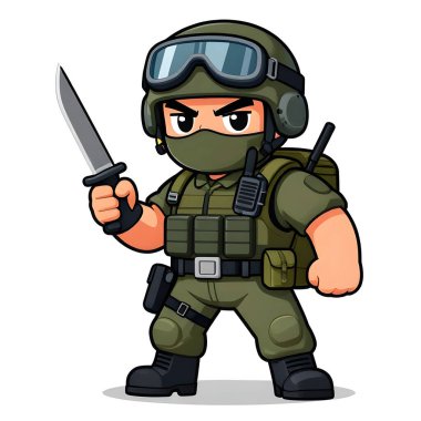 Tam teçhizatlı, savaş silahı olan güçlü bir özel kuvvet askeri. Çizgi film maskotu, illüstrasyon, temiz çizgiler, düz tasarım, modern, yüksek kalite resim.