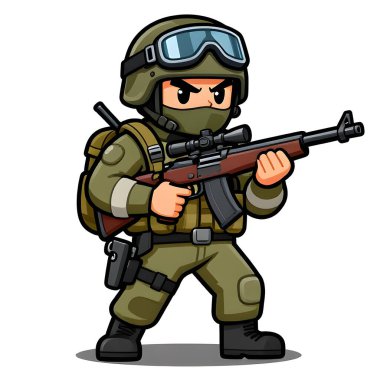 Tam teçhizatlı, savaş silahı olan güçlü bir özel kuvvet askeri. Çizgi film maskotu, illüstrasyon, temiz çizgiler, düz tasarım, modern, yüksek kalite resim.