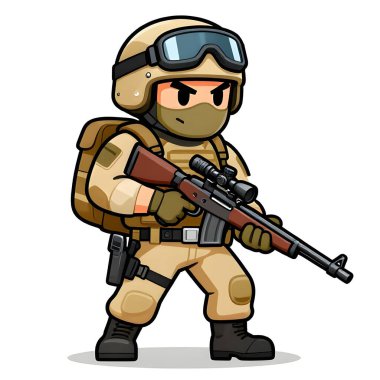 Tam teçhizatlı, savaş silahı olan güçlü bir özel kuvvet askeri. Çizgi film maskotu, illüstrasyon, temiz çizgiler, düz tasarım, modern, yüksek kalite resim.