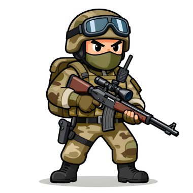 Tam teçhizatlı, savaş silahı olan güçlü bir özel kuvvet askeri. Çizgi film maskotu, illüstrasyon, temiz çizgiler, düz tasarım, modern, yüksek kalite resim.