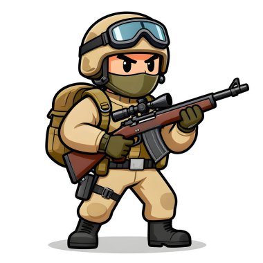 Tam teçhizatlı, savaş silahı olan güçlü bir özel kuvvet askeri. Çizgi film maskotu, illüstrasyon, temiz çizgiler, düz tasarım, modern, yüksek kalite resim.