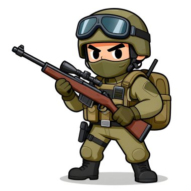 Tam teçhizatlı, savaş silahı olan güçlü bir özel kuvvet askeri. Çizgi film maskotu, illüstrasyon, temiz çizgiler, düz tasarım, modern, yüksek kalite resim.