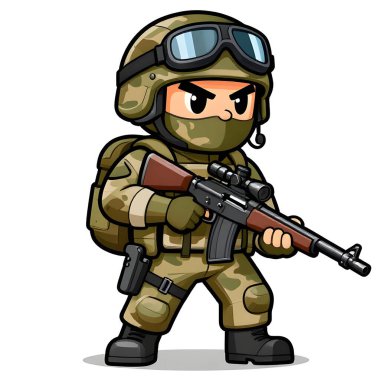 Tam teçhizatlı, savaş silahı olan güçlü bir özel kuvvet askeri. Çizgi film maskotu, illüstrasyon, temiz çizgiler, düz tasarım, modern, yüksek kalite resim.