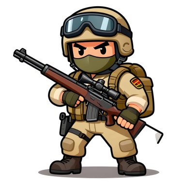 Tam teçhizatlı, savaş silahı olan güçlü bir özel kuvvet askeri. Çizgi film maskotu, illüstrasyon, temiz çizgiler, düz tasarım, modern, yüksek kalite resim.