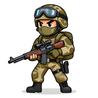 Tam teçhizatlı, savaş silahı olan güçlü bir özel kuvvet askeri. Çizgi film maskotu, illüstrasyon, temiz çizgiler, düz tasarım, modern, yüksek kalite resim.