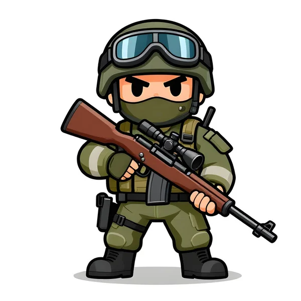 Tam teçhizatlı, savaş silahı olan güçlü bir özel kuvvet askeri. Çizgi film maskotu, illüstrasyon, temiz çizgiler, düz tasarım, modern, yüksek kalite resim.