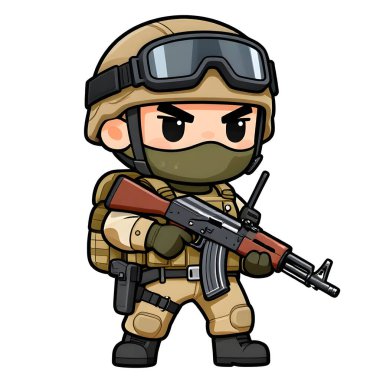 Tam teçhizatlı, savaş silahı olan güçlü bir özel kuvvet askeri. Çizgi film maskotu, illüstrasyon, temiz çizgiler, düz tasarım, modern, yüksek kalite resim.