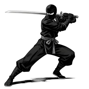 NINJA genç dövüşçü, grafik stili, geleneksel renkli elbise, dövüş pozu. Yüksek kaliteli resim