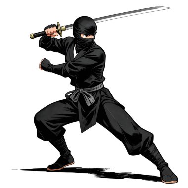 NINJA genç dövüşçü, grafik stili, geleneksel renkli elbise, dövüş pozu. Yüksek kaliteli resim
