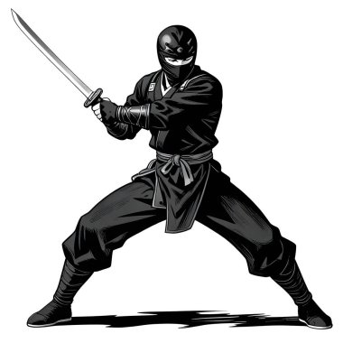 NINJA genç dövüşçü, grafik stili, geleneksel renkli elbise, dövüş pozu. Yüksek kaliteli resim
