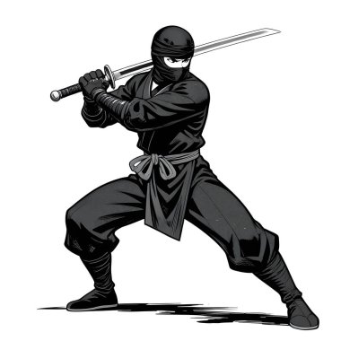 NINJA genç dövüşçü, grafik stili, geleneksel renkli elbise, dövüş pozu. Yüksek kaliteli resim