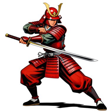 SAMURAI genç dövüşçü, grafik stili, geleneksel renkli elbise, dövüş pozu. Yüksek kaliteli resim