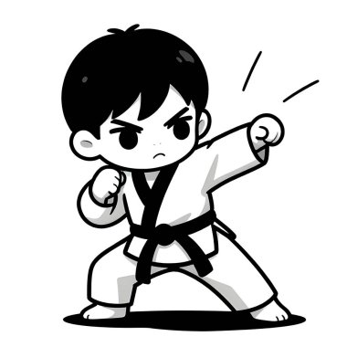 Beyaz arka planda TAEKWONDO kimonosu olan küçük bir erkek bebek. Dövüş sanatları, karate, judo, çocukluğundan beri spor ve disiplinin ikonu. Uzayı kopyala Yaratıcı kalite resim