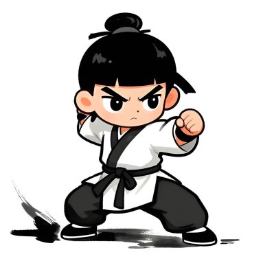 KUN-FU genç dövüşçü, grafik stili, geleneksel renkli elbise, dövüş pozu. Yüksek kaliteli resim