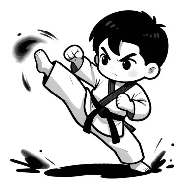 Beyaz arka planda TAEKWONDO kimonosu olan küçük bir erkek bebek. Dövüş sanatları, karate, judo, çocukluğundan beri spor ve disiplinin ikonu. Uzayı kopyala Yaratıcı kalite resim