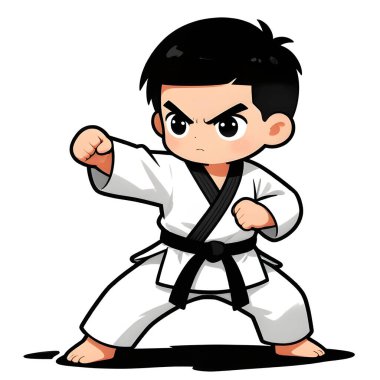 Beyaz arka planda TAEKWONDO kimonosu olan küçük bir erkek bebek. Dövüş sanatları, karate, judo, çocukluğundan beri spor ve disiplinin ikonu. Uzayı kopyala Yaratıcı kalite resim