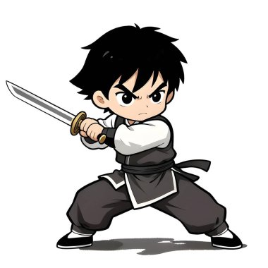 KUN-FU genç dövüşçü, grafik stili, geleneksel renkli elbise, dövüş pozu. Yüksek kaliteli resim