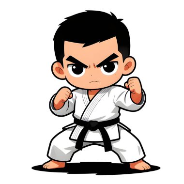 Beyaz arka planda karate kimonolu küçük bebek. Dövüş sanatları, karate, judo, çocukluğundan beri spor ve disiplinin ikonu. Uzayı kopyala Yaratıcı kalite resim