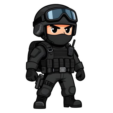 Tam teçhizatlı, savaş silahı olan güçlü bir özel kuvvet askeri. Çizgi film maskotu, illüstrasyon, temiz çizgiler, düz tasarım, modern, yüksek kalite resim.