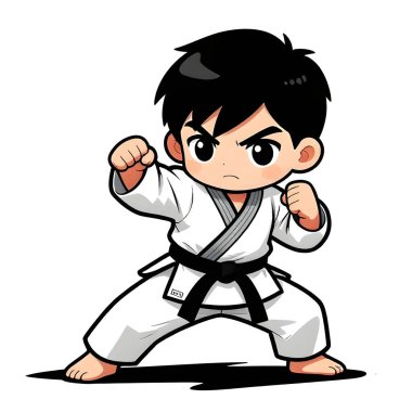 Beyaz arka planda TAEKWONDO kimonosu olan küçük bir erkek bebek. Dövüş sanatları, karate, judo, çocukluğundan beri spor ve disiplinin ikonu. Uzayı kopyala Yaratıcı kalite resim
