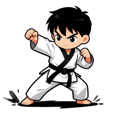 Beyaz arka planda TAEKWONDO kimonosu olan küçük bir erkek bebek. Dövüş sanatları, karate, judo, çocukluğundan beri spor ve disiplinin ikonu. Uzayı kopyala Yaratıcı kalite resim