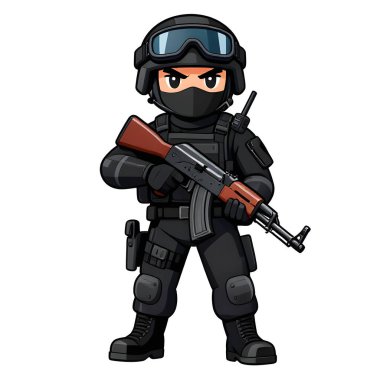Tam teçhizatlı, savaş silahı olan güçlü bir özel kuvvet askeri. Çizgi film maskotu, illüstrasyon, temiz çizgiler, düz tasarım, modern, yüksek kalite resim.