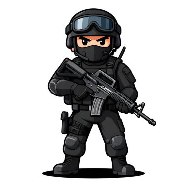 Tam teçhizatlı, savaş silahı olan güçlü bir özel kuvvet askeri. Çizgi film maskotu, illüstrasyon, temiz çizgiler, düz tasarım, modern, yüksek kalite resim.
