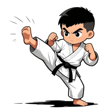 Beyaz arka planda karate kimonolu küçük bebek. Dövüş sanatları, karate, judo, çocukluğundan beri spor ve disiplinin ikonu. Uzayı kopyala Yaratıcı kalite resim