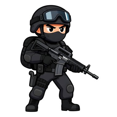 Tam teçhizatlı, savaş silahı olan güçlü bir özel kuvvet askeri. Çizgi film maskotu, illüstrasyon, temiz çizgiler, düz tasarım, modern, yüksek kalite resim.