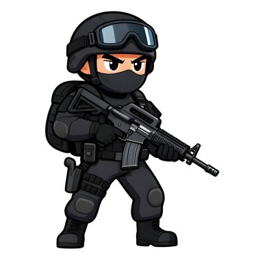 Tam teçhizatlı, savaş silahı olan güçlü bir özel kuvvet askeri. Çizgi film maskotu, illüstrasyon, temiz çizgiler, düz tasarım, modern, yüksek kalite resim.