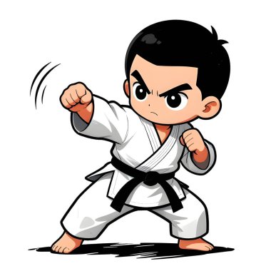 Beyaz arka planda karate kimonolu küçük bebek. Dövüş sanatları, karate, judo, çocukluğundan beri spor ve disiplinin ikonu. Uzayı kopyala Yaratıcı kalite resim