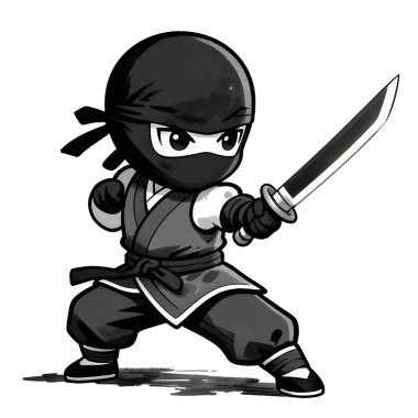 NINJA genç dövüşçü, grafik stili, geleneksel renkli elbise, dövüş pozu. Yüksek kaliteli resim