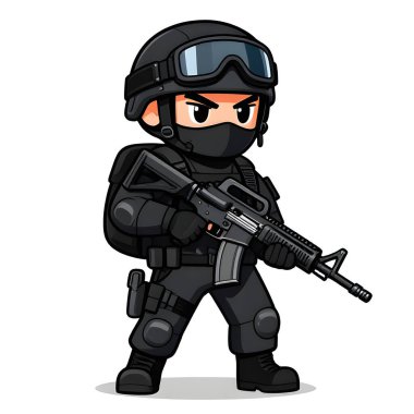 Tam teçhizatlı, savaş silahı olan güçlü bir özel kuvvet askeri. Çizgi film maskotu, illüstrasyon, temiz çizgiler, düz tasarım, modern, yüksek kalite resim.