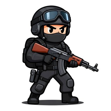 Tam teçhizatlı, savaş silahı olan güçlü bir özel kuvvet askeri. Çizgi film maskotu, illüstrasyon, temiz çizgiler, düz tasarım, modern, yüksek kalite resim.