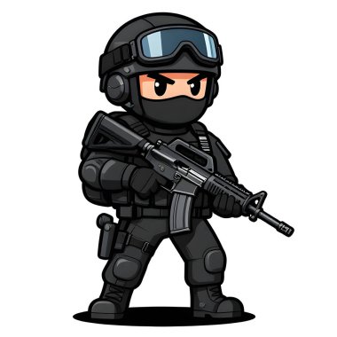 Tam teçhizatlı, savaş silahı olan güçlü bir özel kuvvet askeri. Çizgi film maskotu, illüstrasyon, temiz çizgiler, düz tasarım, modern, yüksek kalite resim.