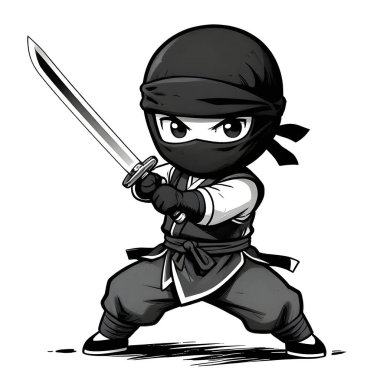 NINJA genç dövüşçü, grafik stili, geleneksel renkli elbise, dövüş pozu. Yüksek kaliteli resim