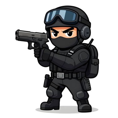 Tam teçhizatlı, savaş silahı olan güçlü bir özel kuvvet askeri. Çizgi film maskotu, illüstrasyon, temiz çizgiler, düz tasarım, modern, yüksek kalite resim.