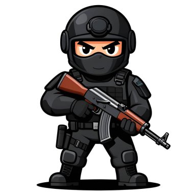 Tam teçhizatlı, savaş silahı olan güçlü bir özel kuvvet askeri. Çizgi film maskotu, illüstrasyon, temiz çizgiler, düz tasarım, modern, yüksek kalite resim.