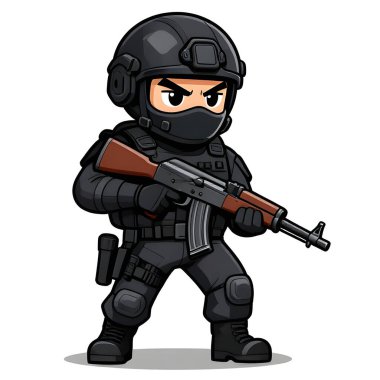 Tam teçhizatlı, savaş silahı olan güçlü bir özel kuvvet askeri. Çizgi film maskotu, illüstrasyon, temiz çizgiler, düz tasarım, modern, yüksek kalite resim.