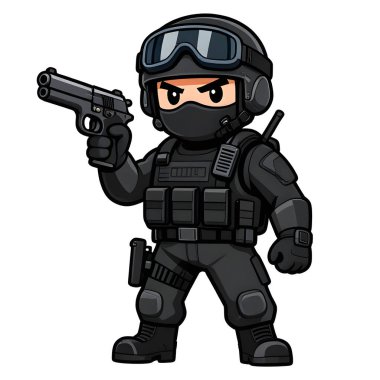 Tam teçhizatlı, savaş silahı olan güçlü bir özel kuvvet askeri. Çizgi film maskotu, illüstrasyon, temiz çizgiler, düz tasarım, modern, yüksek kalite resim.