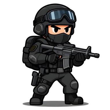 Tam teçhizatlı, savaş silahı olan güçlü bir özel kuvvet askeri. Çizgi film maskotu, illüstrasyon, temiz çizgiler, düz tasarım, modern, yüksek kalite resim.