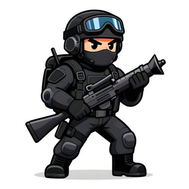 Tam teçhizatlı, savaş silahı olan güçlü bir özel kuvvet askeri. Çizgi film maskotu, illüstrasyon, temiz çizgiler, düz tasarım, modern, yüksek kalite resim.
