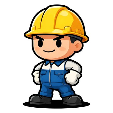 Çizgi film CHIBI tarzı inşaat işçisi. Aktif çalışma duruşu. Logo, rozet, marka, şirket maskotu için ideal bir ikon. Yüksek kalite