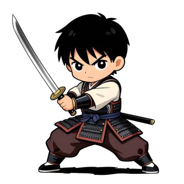 SAMURAI genç dövüşçü, grafik stili, geleneksel renkli elbise, dövüş pozu. Yüksek kaliteli resim