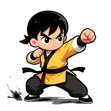 KUN-FU genç dövüşçü, grafik stili, geleneksel renkli elbise, dövüş pozu. Yüksek kaliteli resim