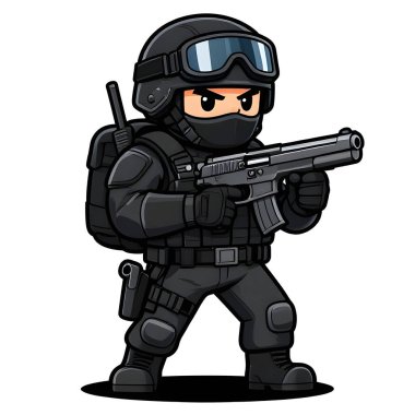 Tam teçhizatlı, savaş silahı olan güçlü bir özel kuvvet askeri. Çizgi film maskotu, illüstrasyon, temiz çizgiler, düz tasarım, modern, yüksek kalite resim.