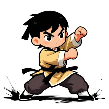 KUN-FU genç dövüşçü, grafik stili, geleneksel renkli elbise, dövüş pozu. Yüksek kaliteli resim