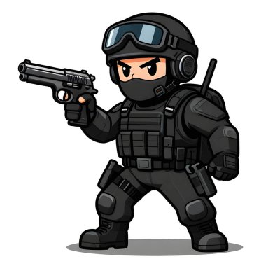 Tam teçhizatlı, savaş silahı olan güçlü bir özel kuvvet askeri. Çizgi film maskotu, illüstrasyon, temiz çizgiler, düz tasarım, modern, yüksek kalite resim.